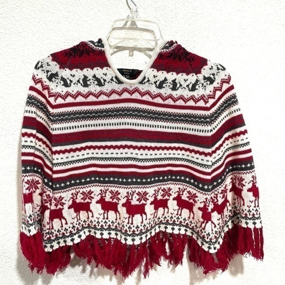 FOREVER 21 GIRLS pink and grey fair isle moose print knit hooded poncho - 11/12